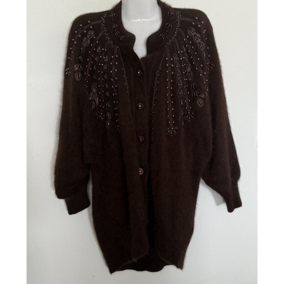 𝅺Vintage Super Soft Angora Cardigan Medium Fluffy Brown Womens Beaded Sweater - Picture 1 of 11